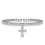 White Sterling Silver Beaded Cuff Bracelet With Rope Style Cross Penda