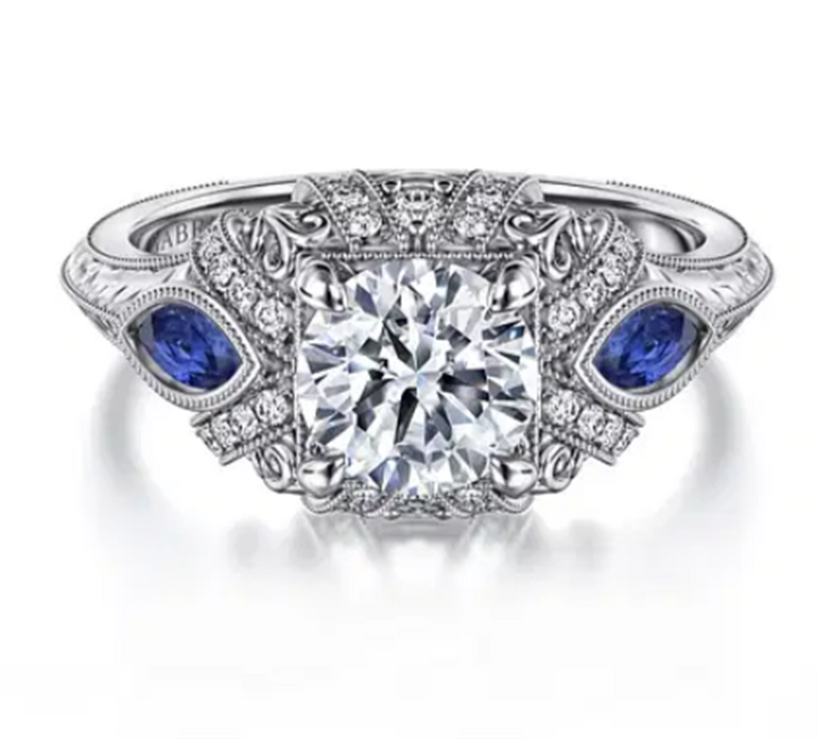 Gabriel & Co. Sapphire and Diamond Engraved Vintage Style Engagement Ring Mounting