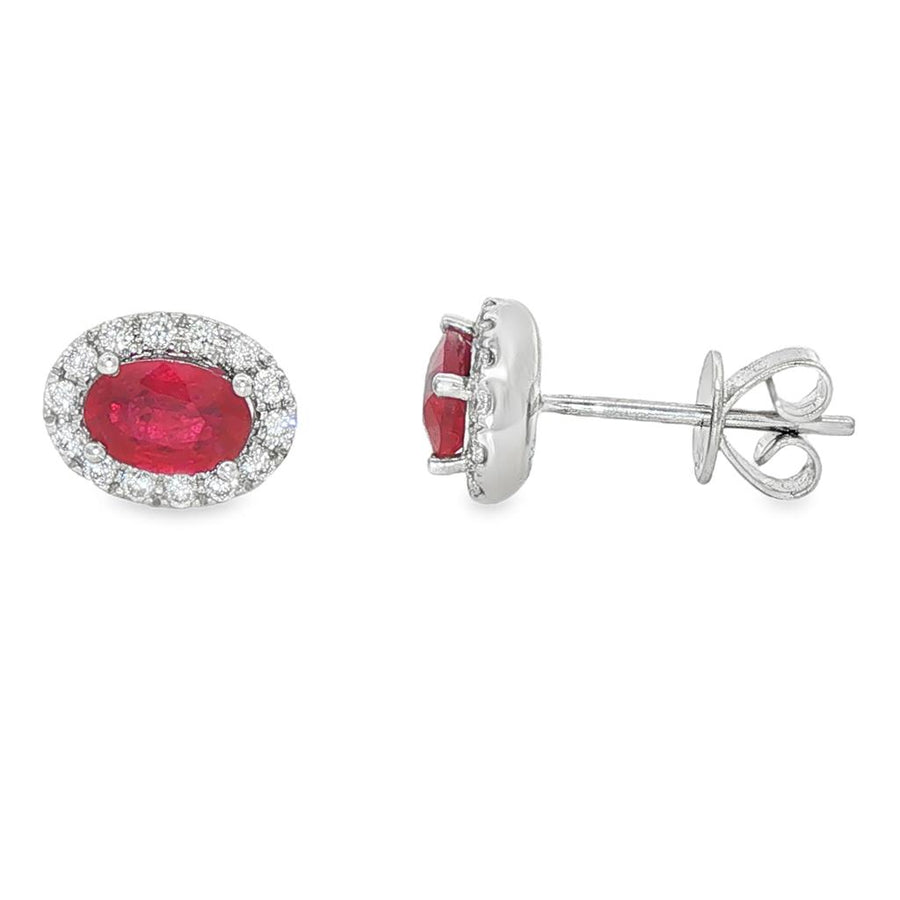 Lady's White 14 Karat Halo Earrings With 2=1.01Tw Oval Rubys And 28=0.