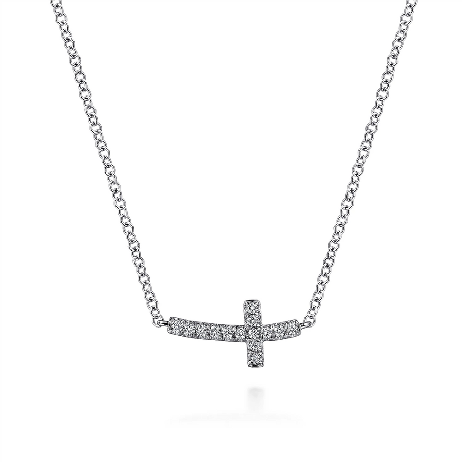 Gabriel & Co. Fashion 14K White Gold Sideways Curved Diamond Cross Necklace