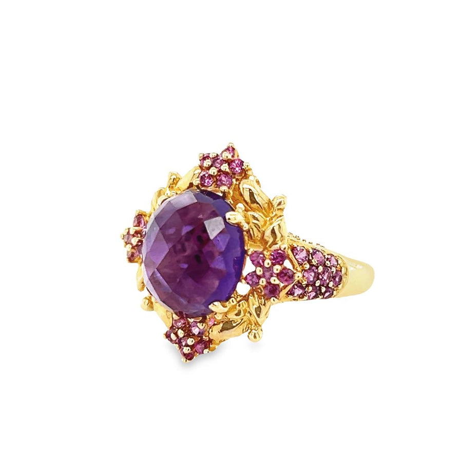 Yellow 14 Karat Polished/Milgrain Meda Jewelry Vintage Fashion Ring Estate Jewelry Size 7.25 one 12.06x10.10mm Cabochon Amethyst
38=1.50x1.50mm Round Amethysts
4=1.00x1.00mm Round Amethysts Gram Weight: 6.13