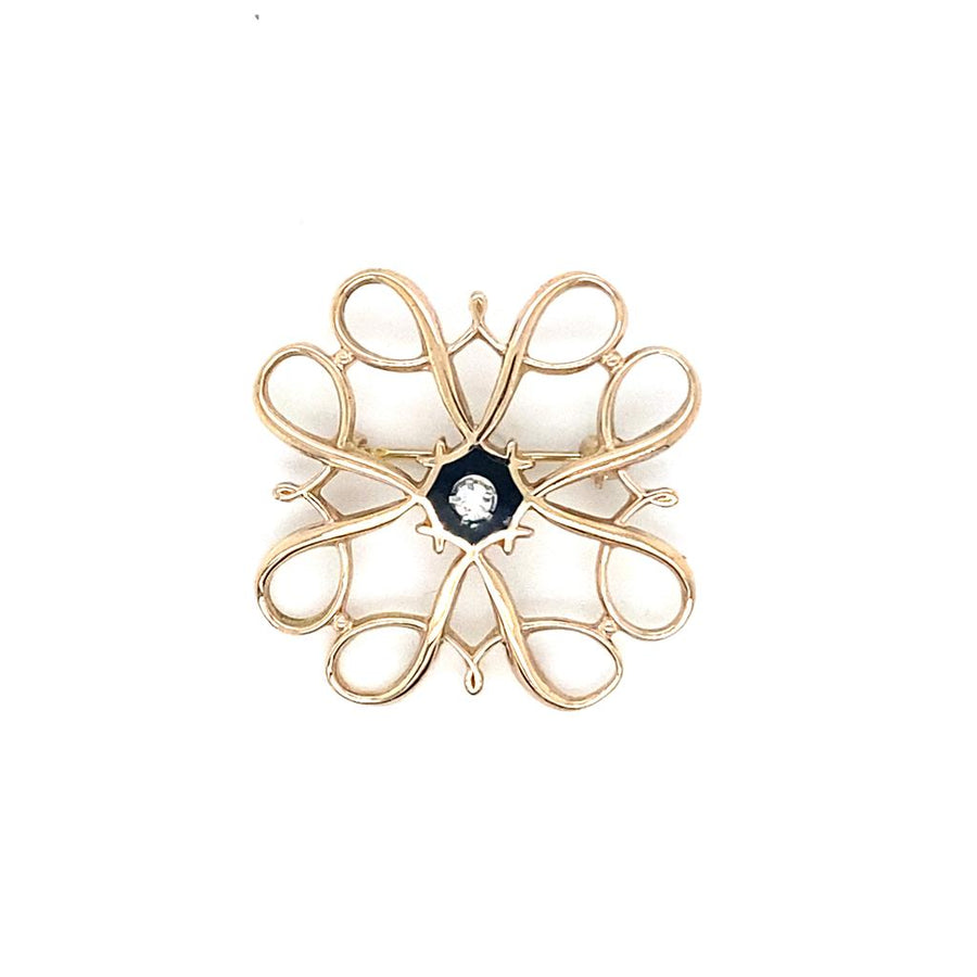 Estate Filigree Black Enamel and Diamond Brooch