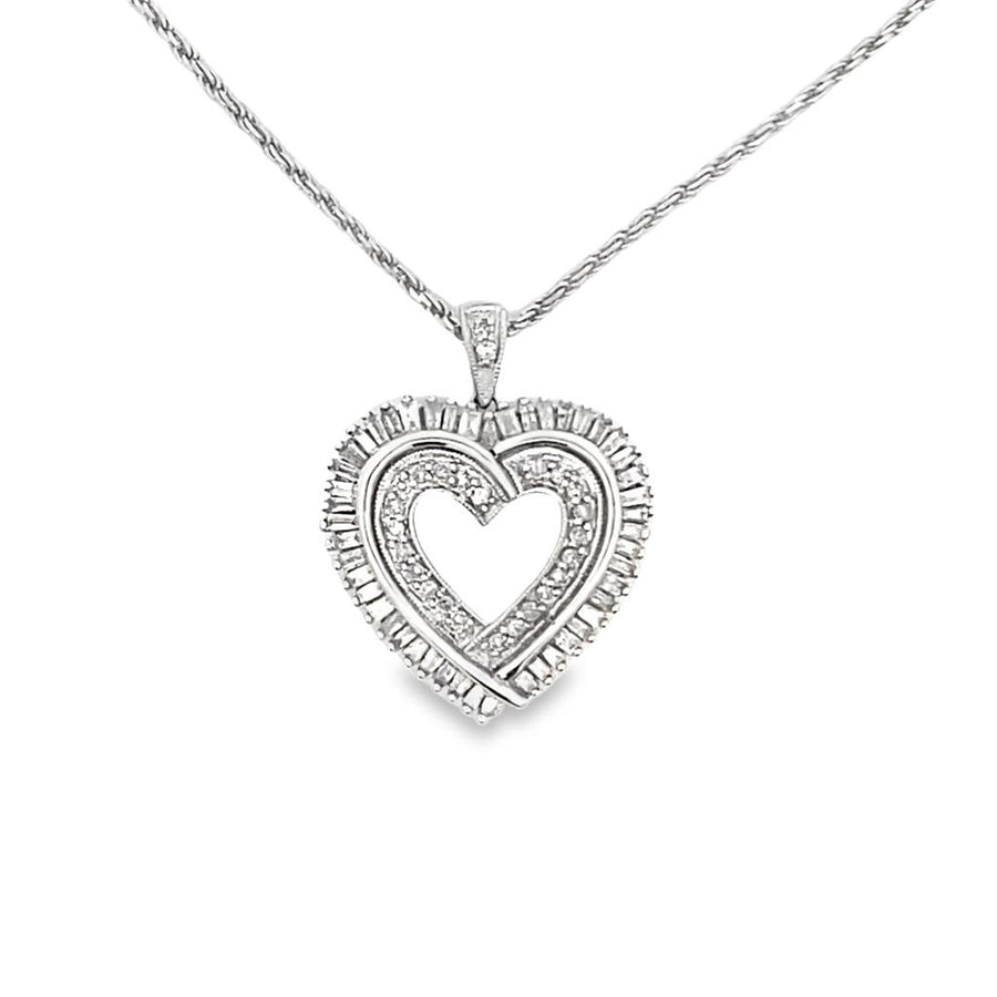 Estate Diamond Heart Pendant containing 25 round and 49 baguettes, approx. 1.00ctw, I1/GH, on 1mm rope chain, 18" with lobster