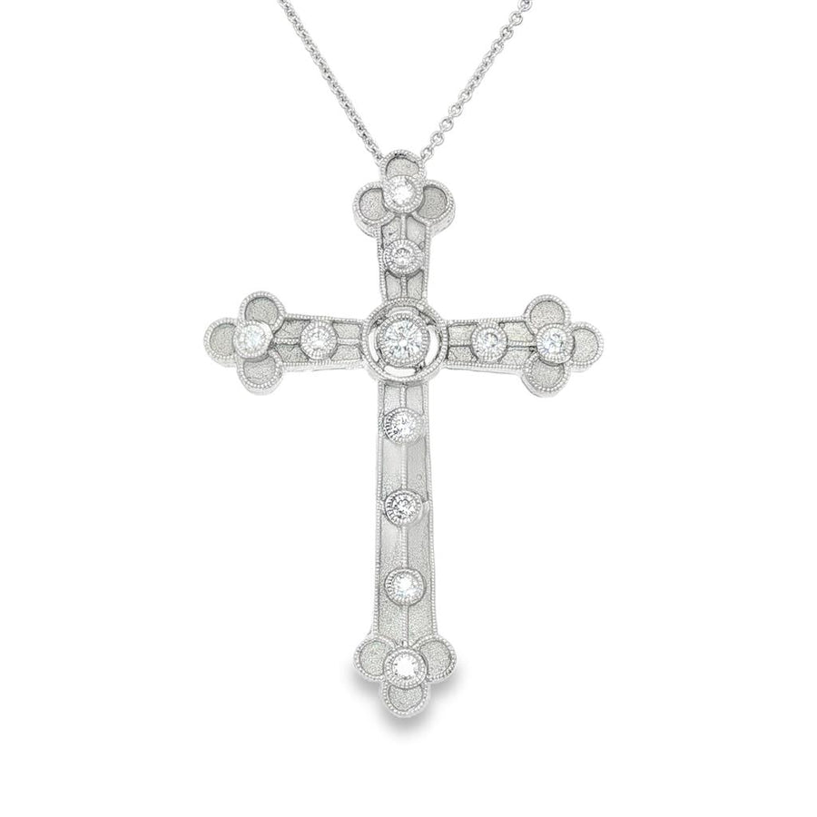 Lady's White 18 Karat Satin/Milgrain Byzantine Cross Necklace Length 1