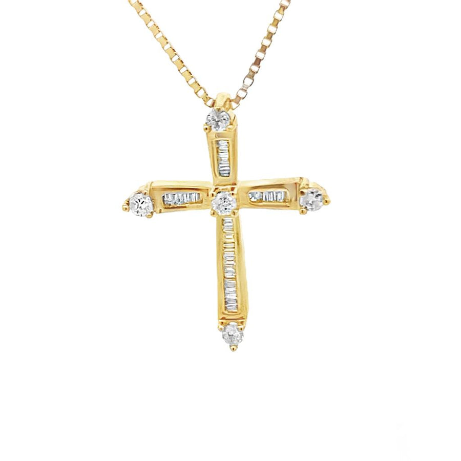 Yellow 14 Karat Cross Estate Jewelry Length 25.5 With 5 0.19TW Round Diamonds And 28 0.31TW Baguette Diamonds Gram Weight: 6.9