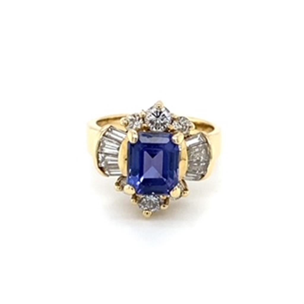 Yellow 14 Karat Fashion Ring Estate Jewelry With One 2.83ct Emerald Tanzanite, 6=0.58tw Round Diamonds, And 8=0.65tw Baguette Diamonds