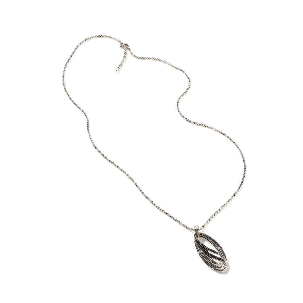 John Hardy Bamboo Silver Pendant on 2.5mm Rolo Chain Necklace with Treated Black Sapphire and Black Spinel, Size 32-34 Adjustable