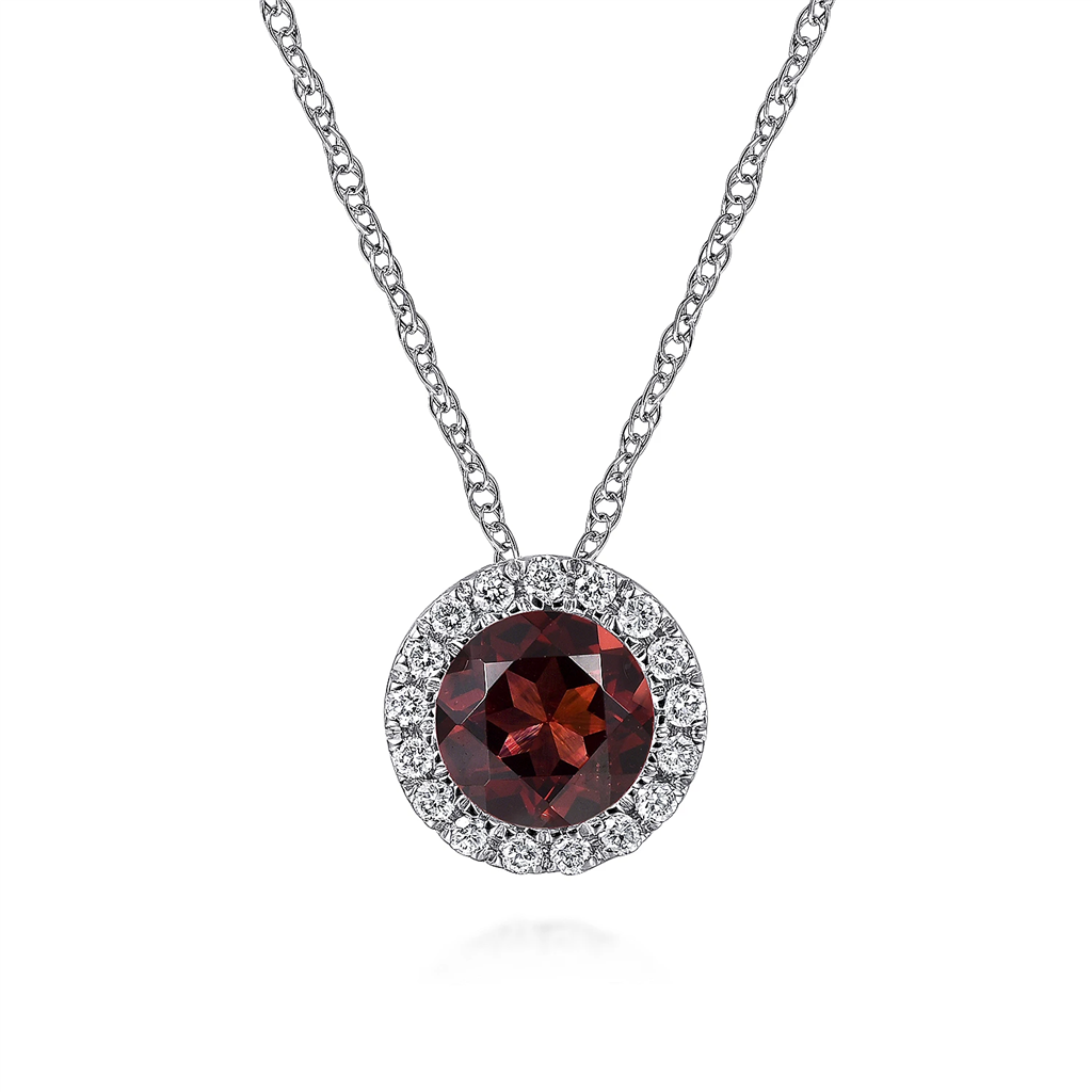 Gabriel & Co. Fashion 14K White Gold Garnet and Diamond Halo Pendant Necklace