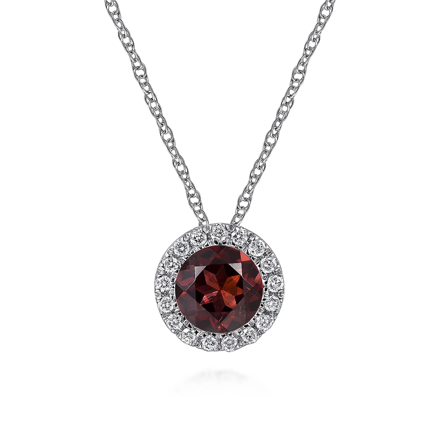 Gabriel & Co. Fashion 14K White Gold Garnet and Diamond Halo Pendant Necklace