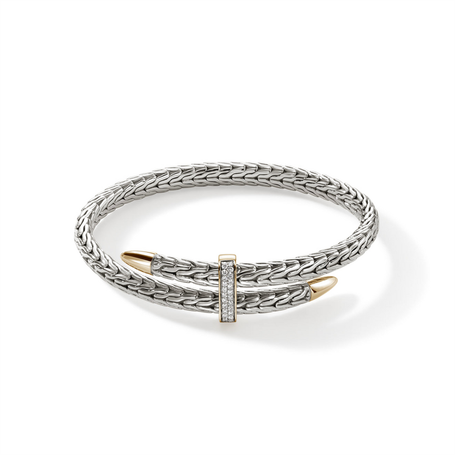 John Hardy Two-Tone Sterling Silver/14K Yellow Gold Diamond Pave Spear Bypass Flex Cuff
