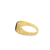 Yellow 10 Karat Engraved Ring With A East To West Bezel Set Oval Moss