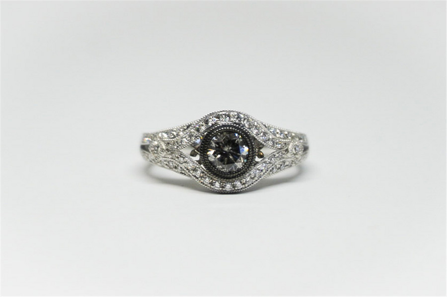 Lady's White 14 Karat Black Rhoidum Bezel Engagement Ring With One 0.5