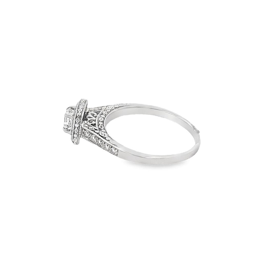 Princess Center Diamond Ring 3.55X3.3 .20ct with Halo 22 Round Diamonds 1.3 .22ct  .42CTW Engraved Gallery