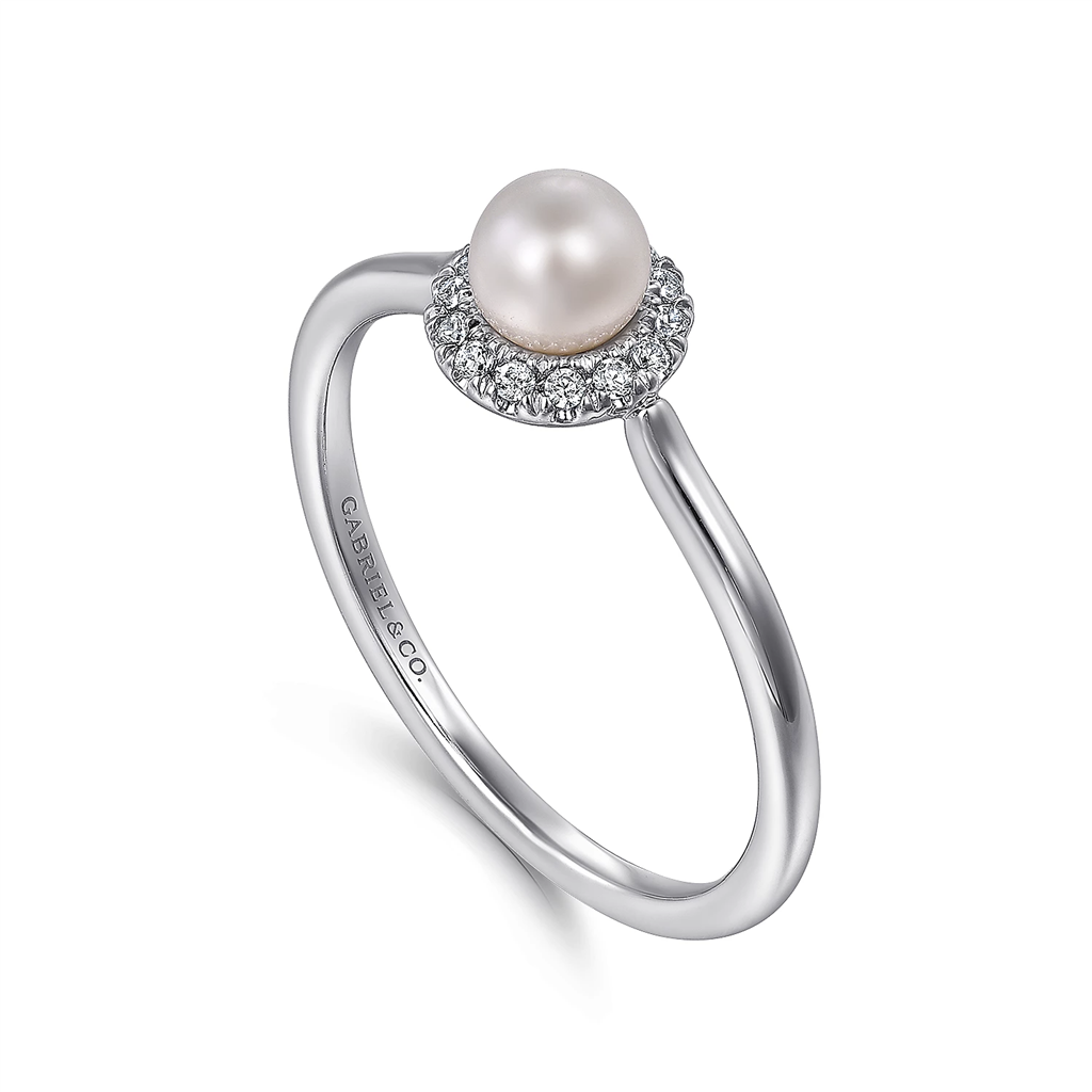 Gabriel & Co. Fashion 14K White Gold Pearl Ring with Diamond Halo