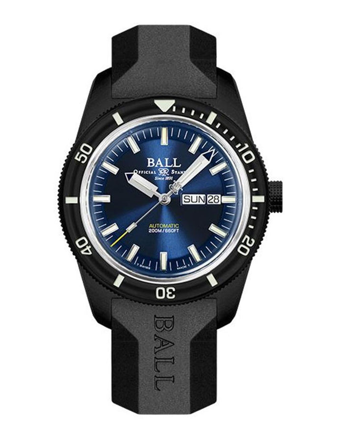 Ball Watch Black Stainless Steel With TIC Coating 42mm Engineer II Skindiver Heritage Watch with Blue Dial
Strap/Brac.: Rubber Strap
Clasp: Buckle
Move: Automatic
WR: 200m

LE 58/390, Unidirectional Rotating Bezel, Multi-Colored Micro Gas Tubes