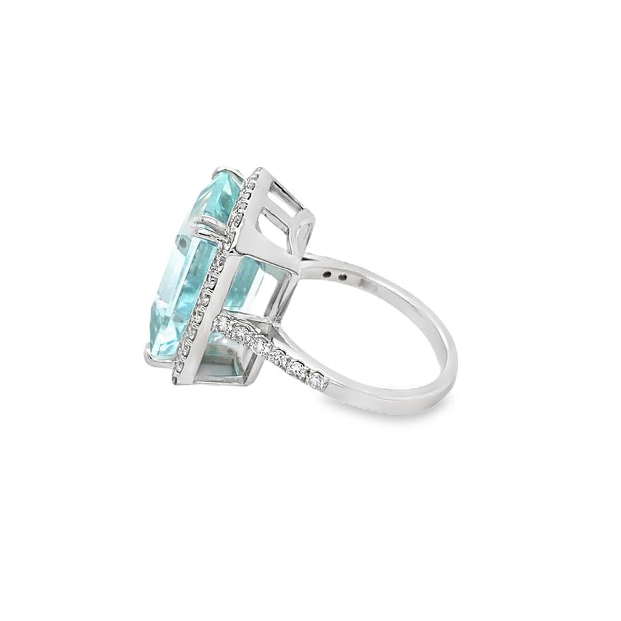 Emerald Cut Aqua Marine and Diamond Halo Ring
