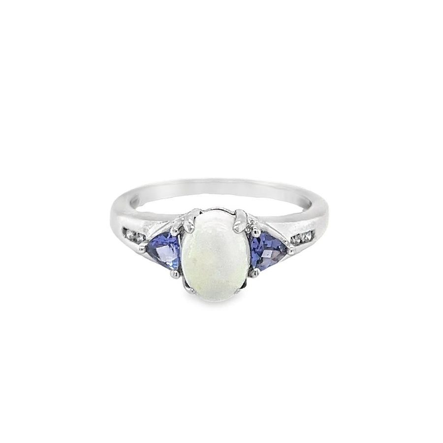 White 14 Karat 3 Stone Ring Estate Jewelry with 1 Oval Opal