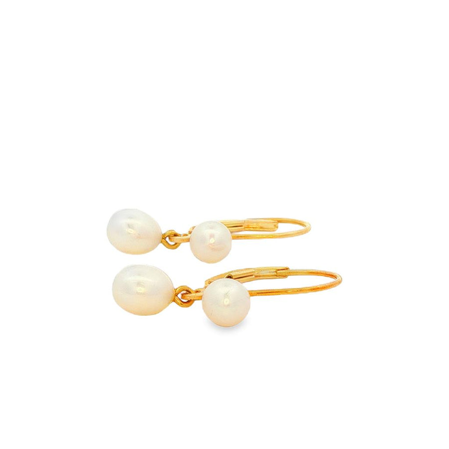 Yellow 14 Karat Double Freshwater Pearl Drop Leverback Earrings. 2-5.1
