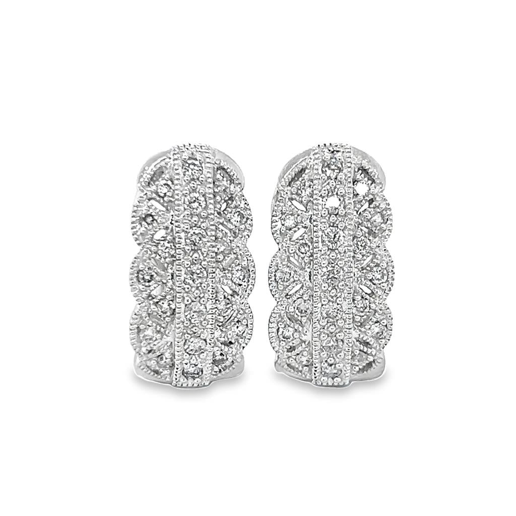 Estate White 14 Karat Diamond Milgrain Scalloped Omega Hoops