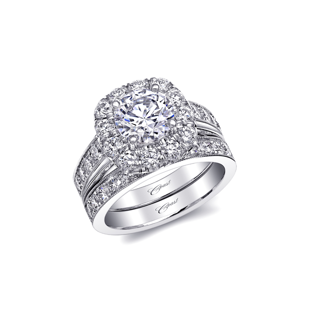 Coast Diamond Lady's 14 Karat White Gold Diamond Halo and Diamond Band Engagement Ring
