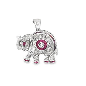 White Polished 14 Karat Fancy Elephant Pin/Pendant Estate Jewelry With Round Diamonds And Various Shapes Rubys
Gram Weight: 11.6