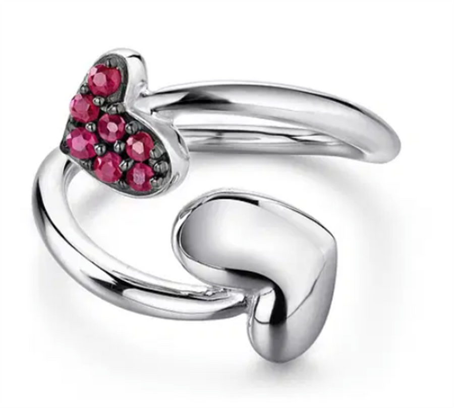 Sterling Silver Bypass Double Heart Ring Size 6.5 7 = 0.15tw Round Rub