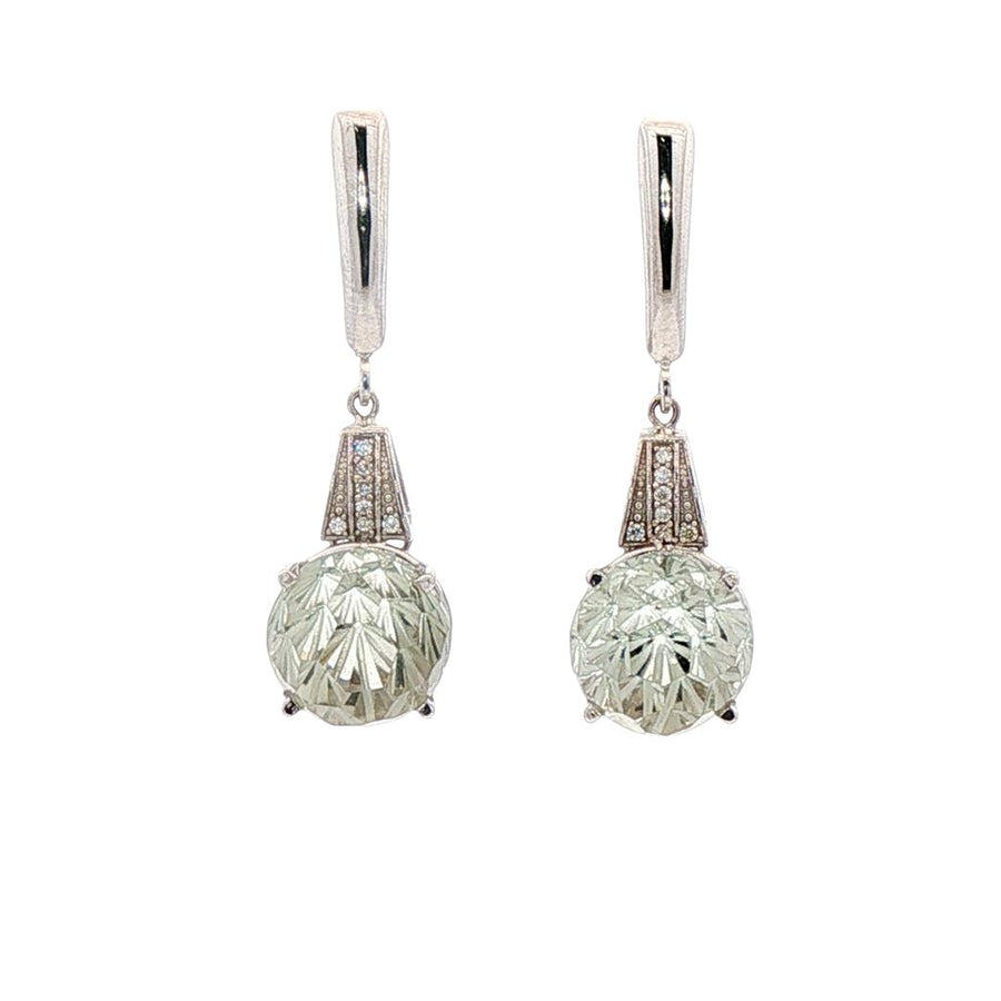 Dome Brilliant Cut Prasiolites And Diamond Leverback Earrings