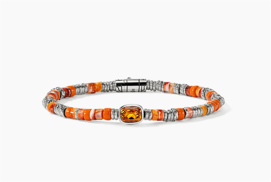 White Sterling Silver 8X6mm Cushion Citrine, 4mm Orange And Red Spiney