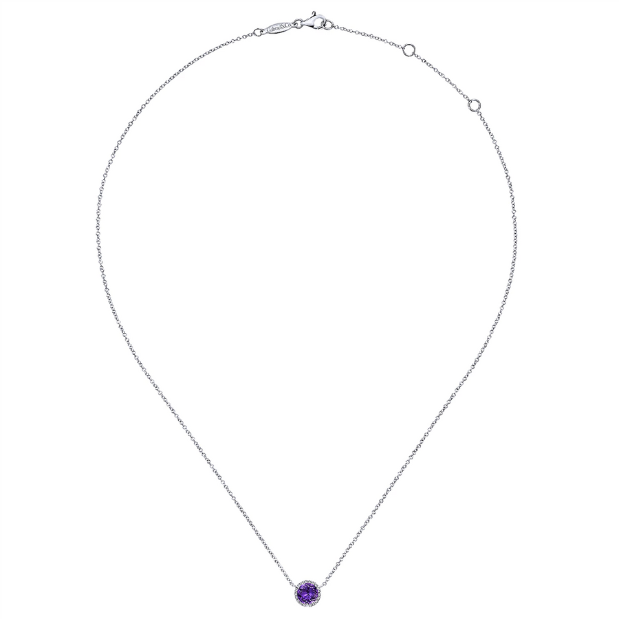 Gabriel & Co. Fashion 14K White Gold Round Amethyst and Diamond Halo Pendant Necklace