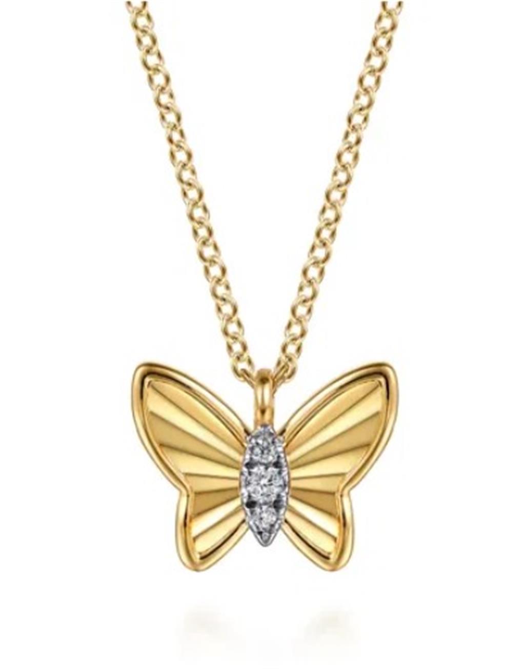 Lady's Yellow 14 Karat Diamond Cut Butterfly Pendant Necklace Length 1