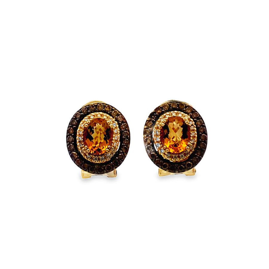 LeVian Oval Citrine with Brown and White Diamond Halo Earrings