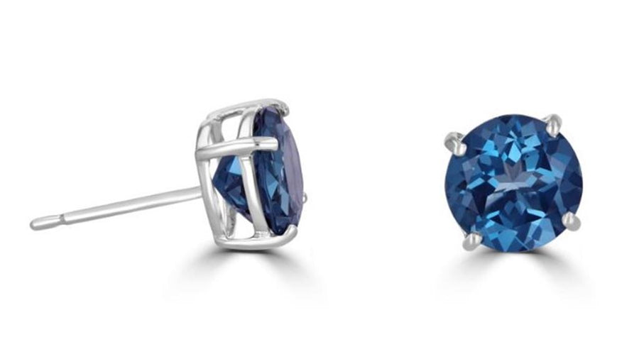 Lady's White 14 Karat 8mm Checkerboard London Blue Topaz Studs Earring