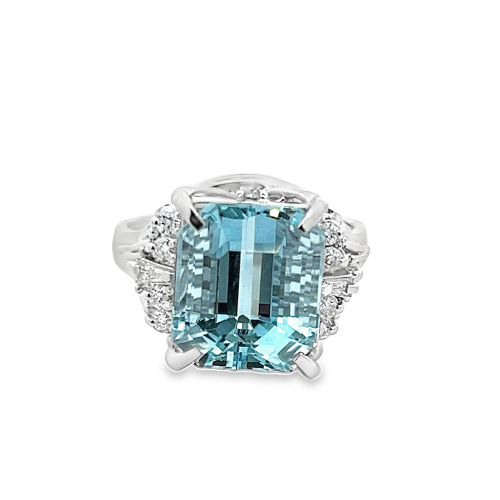 Estate Emerald Cut Aquamarine & Diamond Ring