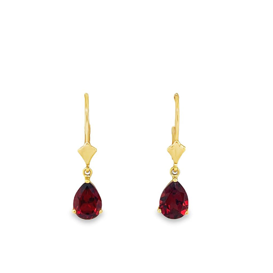 Lady's Yellow 14 Karat Leverback Earrings With 2 = 2.79TW Pear Garnets