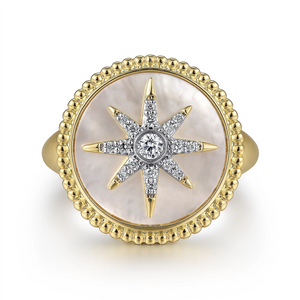 Gabriel & Co. Fashion 14K Yellow Gold Mother of Pearl Inlay and Diamond Starburst Signet Ring