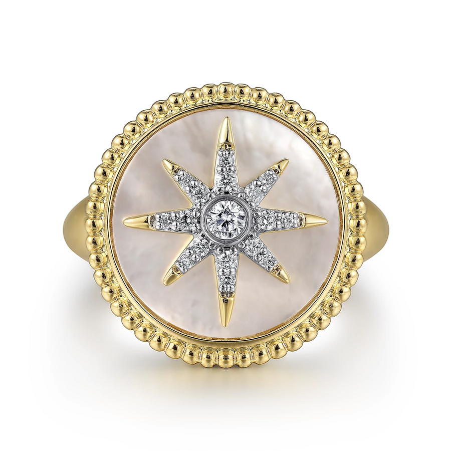 Gabriel & Co. Fashion 14K Yellow Gold Mother of Pearl Inlay and Diamond Starburst Signet Ring