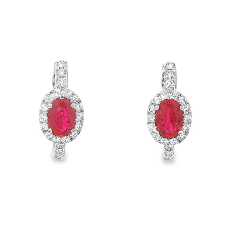 Lady's White 14 Karat Halo Hoops Earrings 2=1.05tw Oval Red Strong Rub