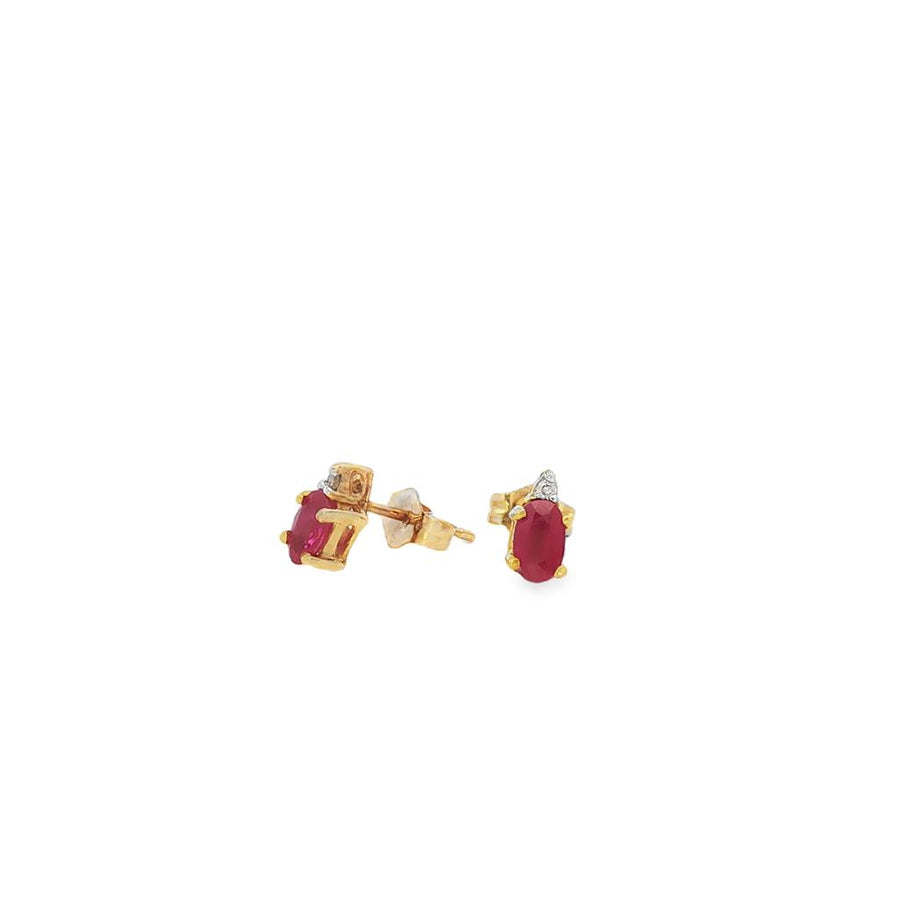 Yellow 14 Karat 5X3mm Oval Ruby And Diamond Earrings With Friction Pus