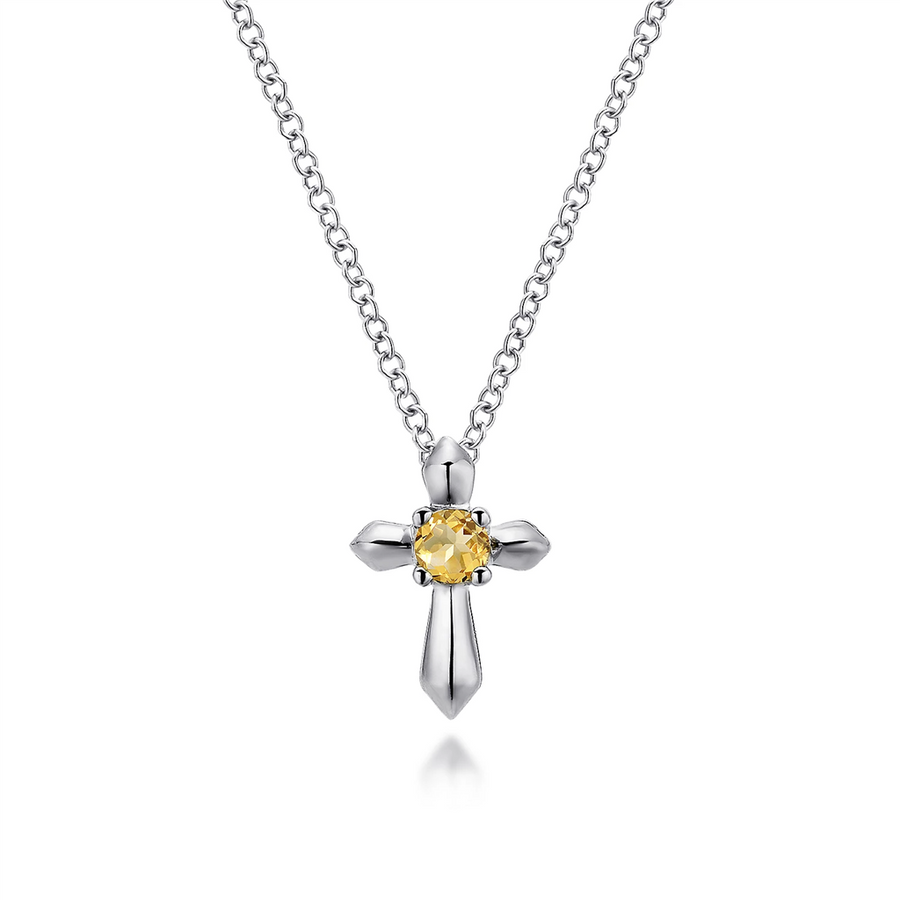 Gabriel & Co. Fashion Sterling Silver Round Citrine Cross Necklace