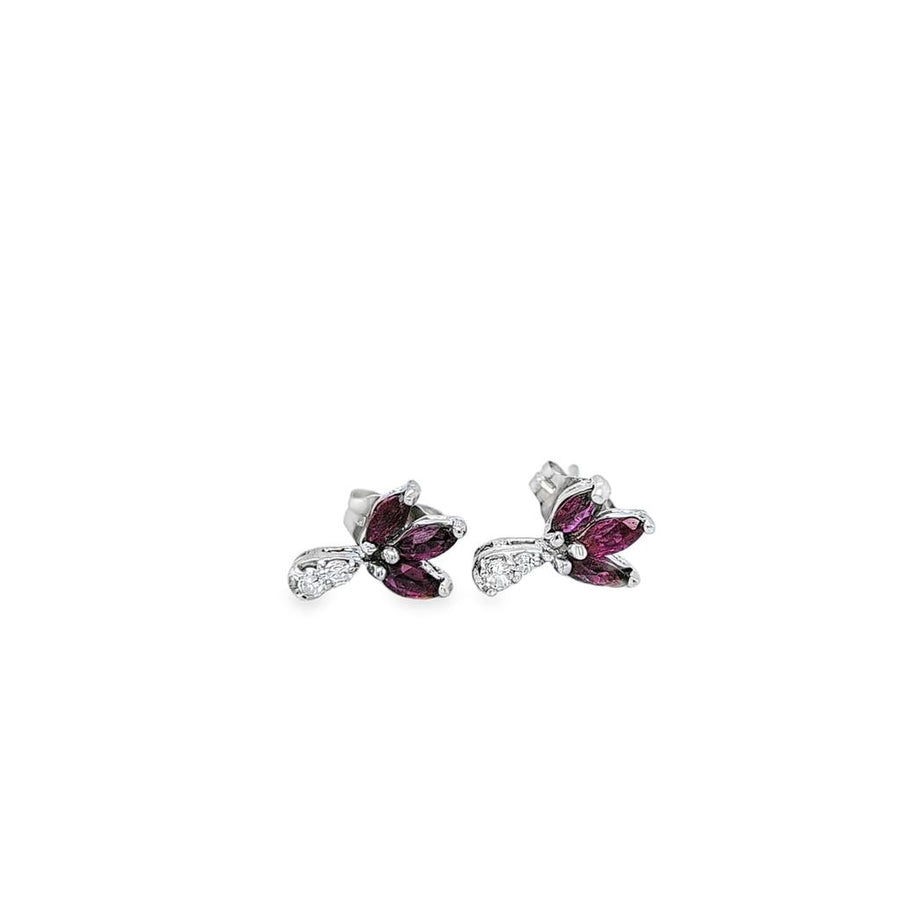 White 14 Karat Marquise Ruby And Round White Diamond Flower Style Earr