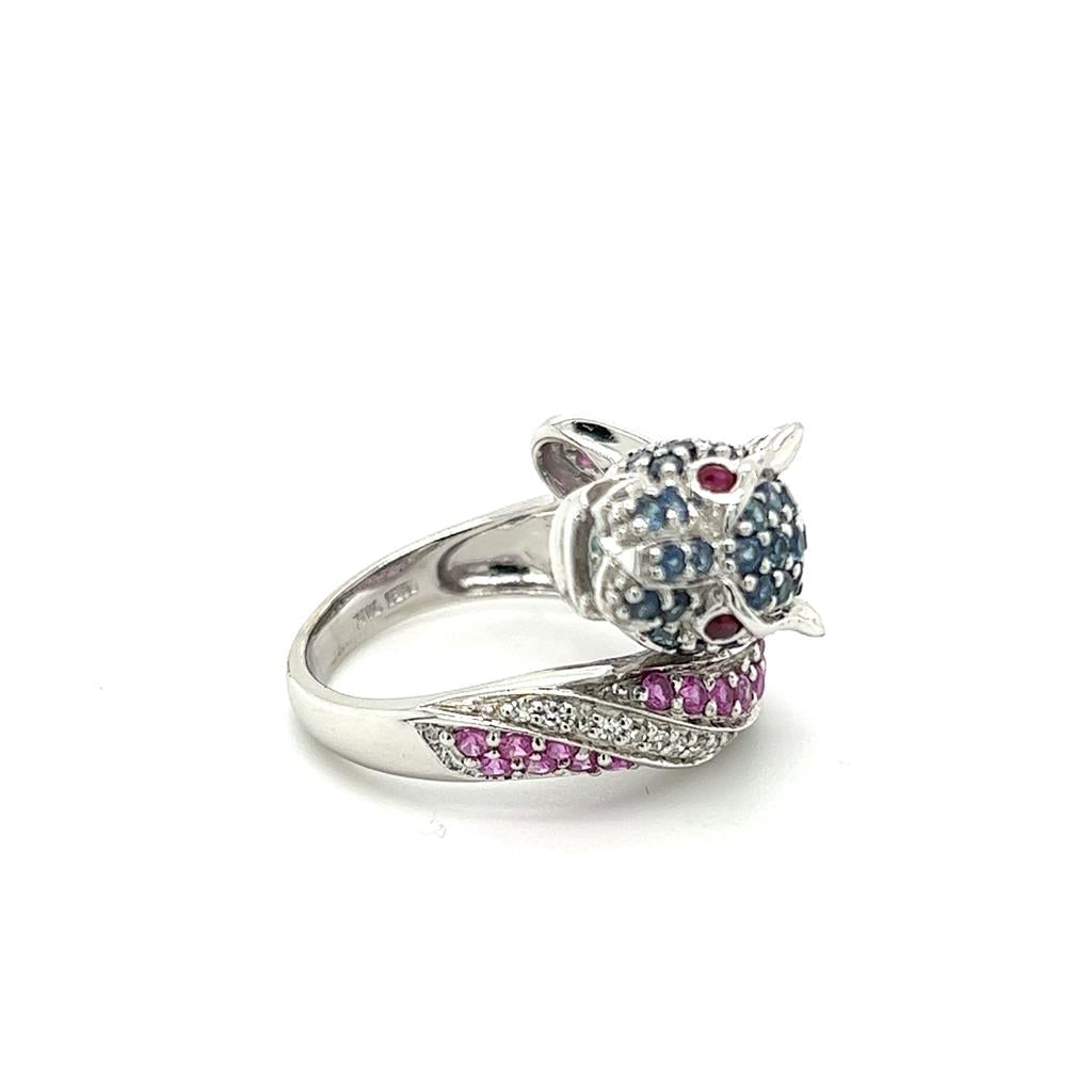 White 14 Karat Pink & Blue Sapphire Panther Ring Estate Jewelry Size 6 With 11=0.05Tw Round I/J I2/I3 Diamonds, 54=1.35-1.75Mm Round Sapphires And  Other Stones Gram Weight: 7