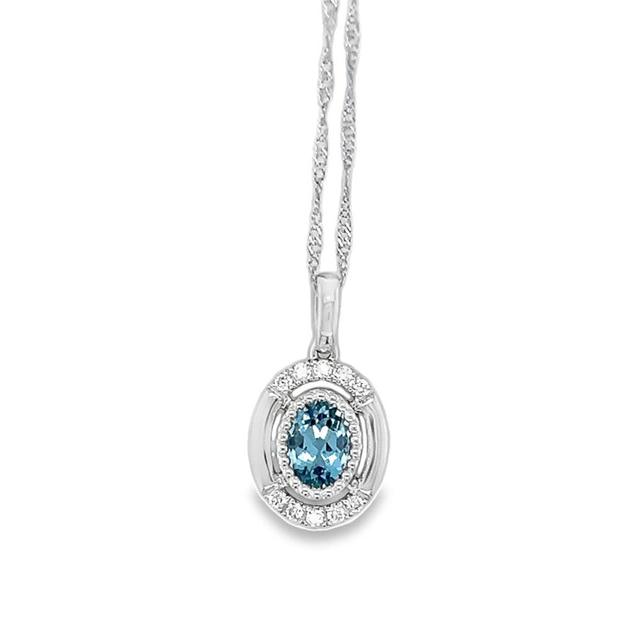Lady's White 14 Karat Polished/Milgrain Half Halo Aquamarine Necklace