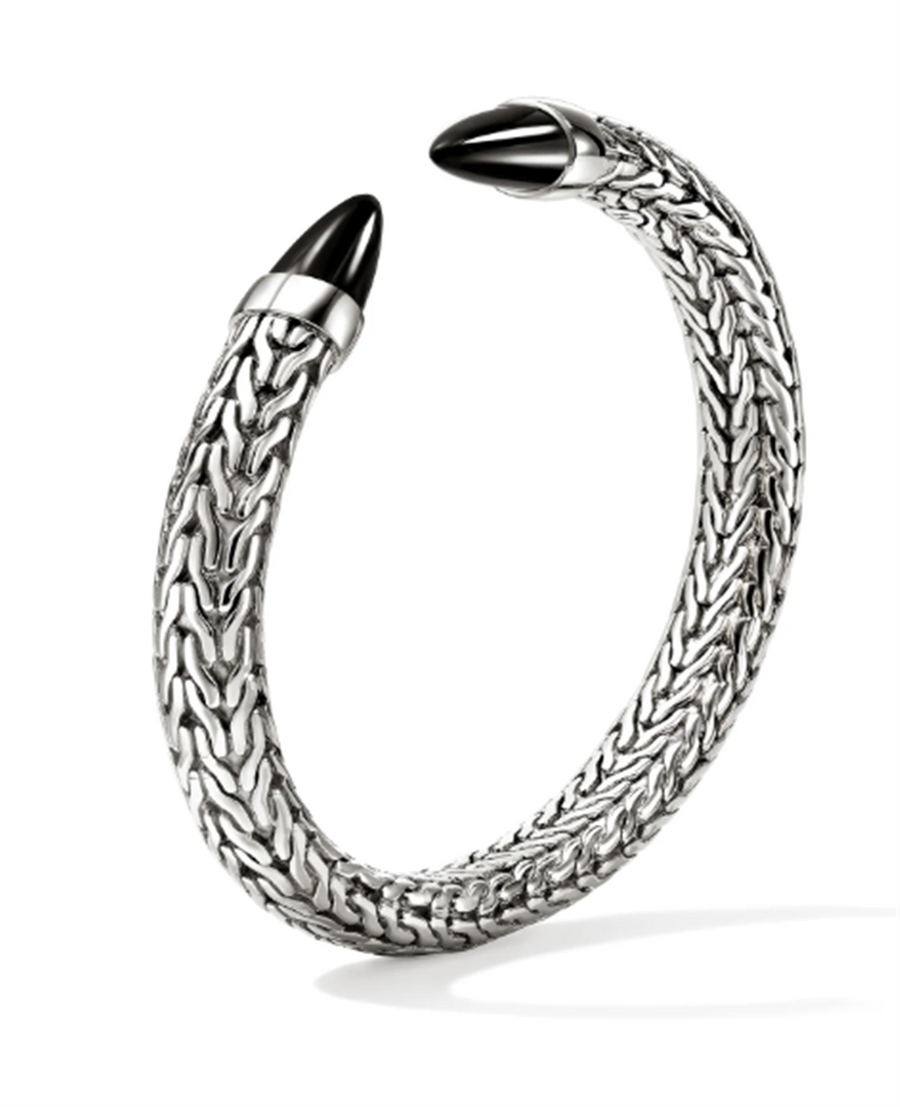 Sterling Silver Spear 50 Flex Cuff W/ Treated Black Onyx Bracelet John