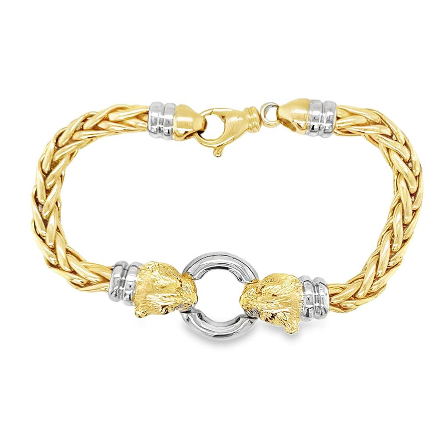 Two-tone 14 Karat 6.3mm Double Panther Head Wheat Chain Bracelet