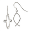 Sterling Silver Polished Cross Ichthus Dangle Earrings