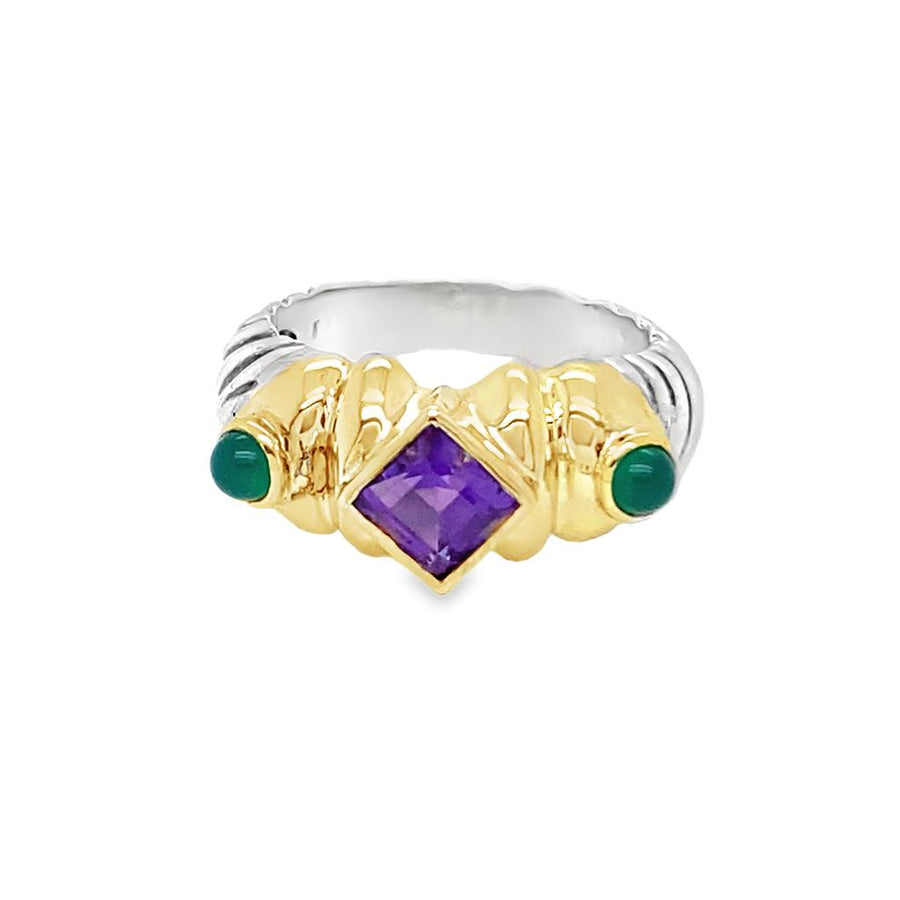 18Kt/SS David Yurman Renaissance Amethyst And Emerald Ring Estate Jewe
