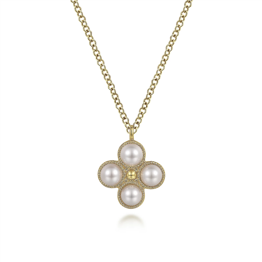 Gabriel & Co. Fashion 14K Yellow Gold Pearl Flower Pendant Necklace