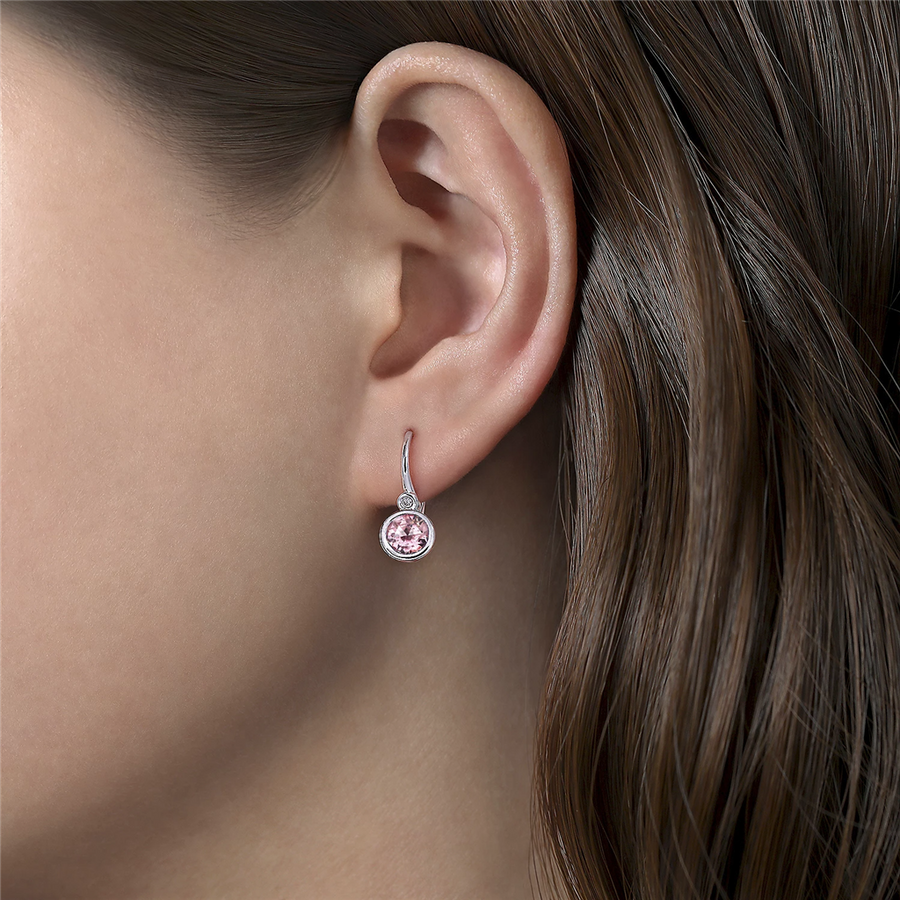 Gabriel & Co. Fashion Sterling Silver   Pink Created Zircon and Diamond Leverback Earrings