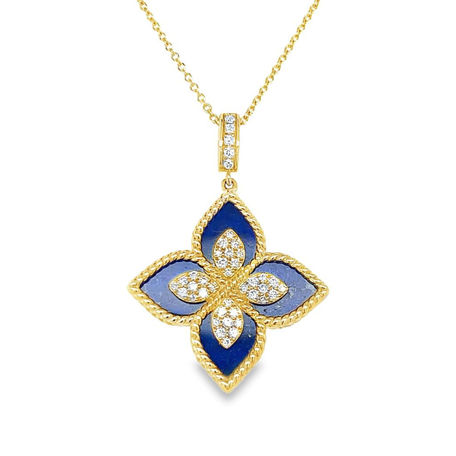 Lady's Yellow 14 Karat Milgrain Floral Lapis Necklace Length 18 With O