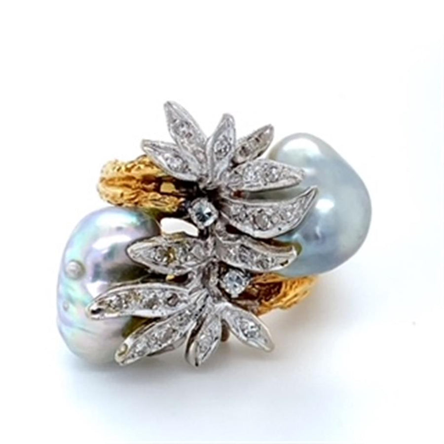 Estate Ladies Silver Pearl Flower-design Ring consisting of two (2) ba